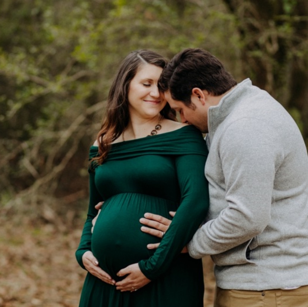 Green off shoulder dress for maternity pictures